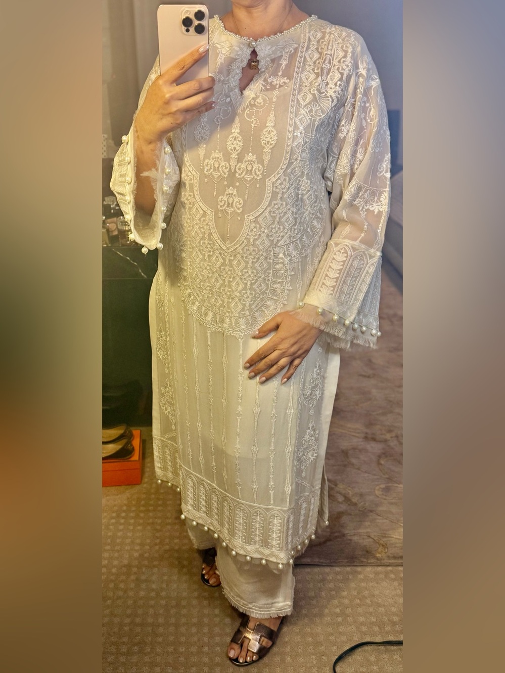 Elan Cream Embroidered Long Sleeve Tunic Dress